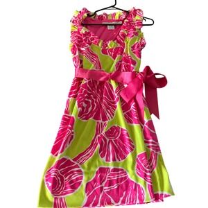 Gretchen Scott Pink Lime Green Shell Print Ruffle Neck Sash Dress XL
